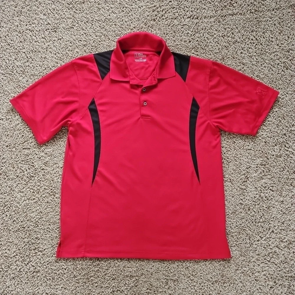 PGA TOUR‎ Polo Golf Shirt Short Sleeve Button Up Red Black Men's Large